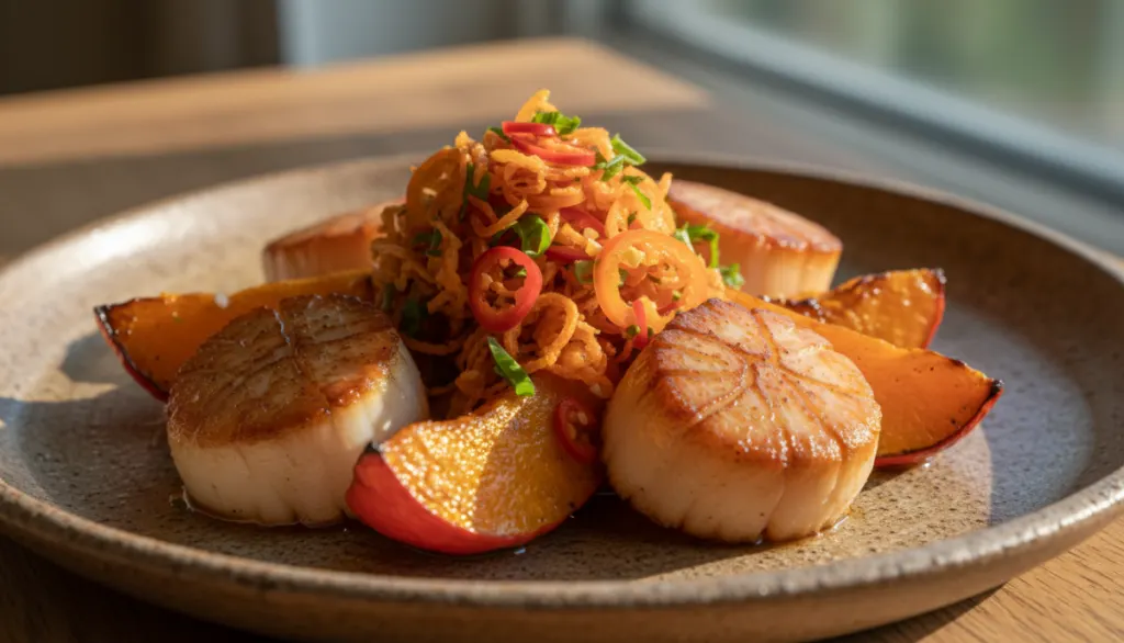 découvrez une recette irrésistible alliant des saint-jacques fondantes, un potimarron rôti savoureux et un croquant épicé qui vous rendra totalement addict.